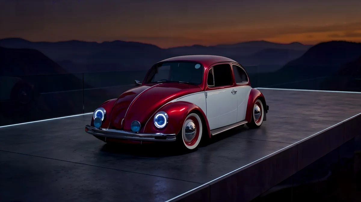 Classic Volkswagen Beetle in warm golden light representing the brand origin story